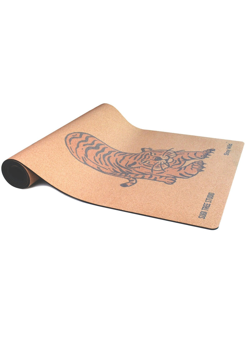 tiger cork yoga mat rolled