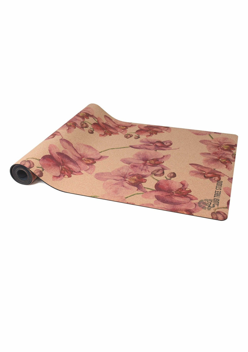 pink orchid cork yoga mat rolled